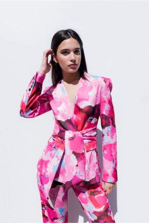 Blazer rose blanc bleu avec ceinture peach blossom paris