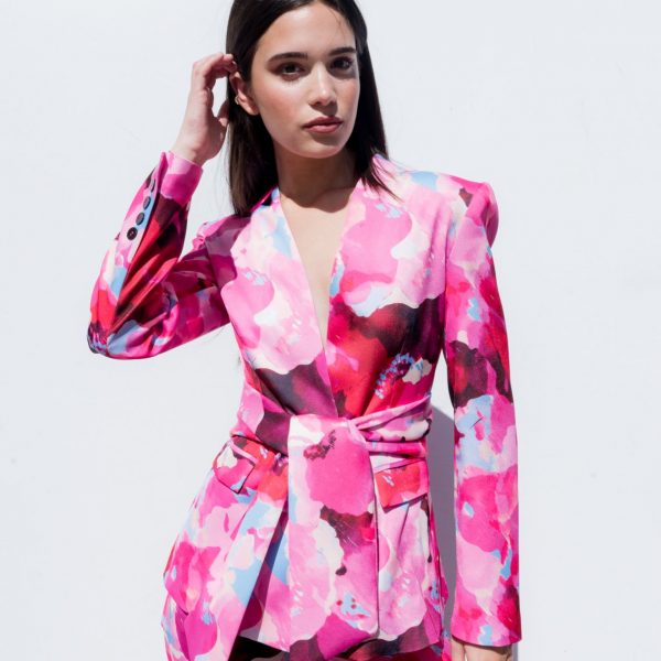 Blazer rose blanc bleu avec ceinture peach blossom paris