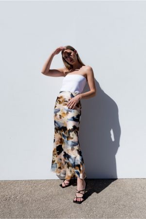 jupe longue imprimÃ©e en satin peach blossom paris