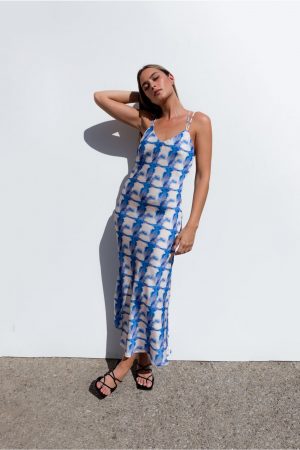 robe midi imprimÃ©e bleue azur peach blossom paris