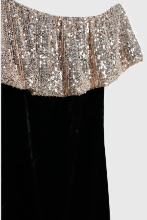 robe en velours a sequins, encolure volantÃ© , paillettes, brillante, noire et dorÃ©e peach blossom paris