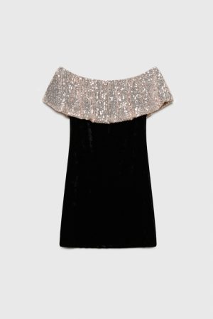 robe en velours a sequins, encolure volantÃ© , paillettes, brillante, noire et dorÃ©e peach blossom paris