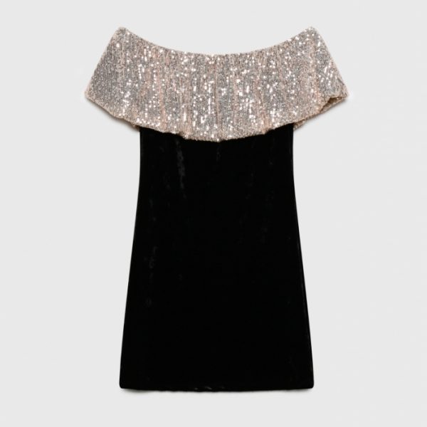 robe en velours a sequins, encolure volantÃ© , paillettes, brillante, noire et dorÃ©e peach blossom paris