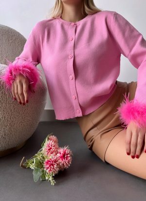 gilet rose à plumes peach blossom paris