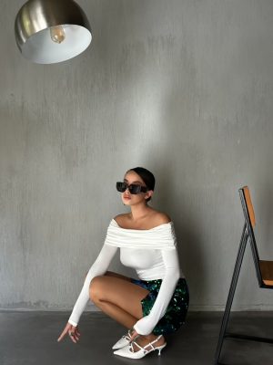 Top blanc drapé à col Bardot peach blossom paris